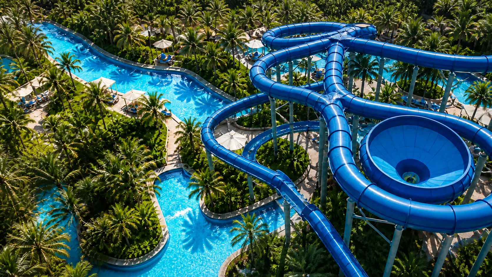 Aerial view of a tropical water park with blue enclosed slides and a large bowl ride