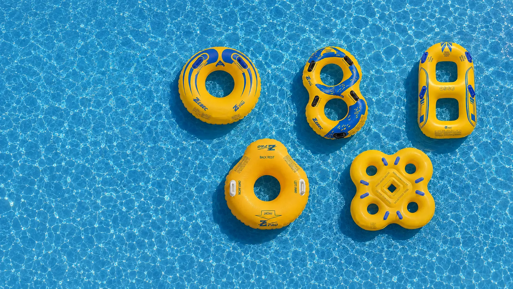 Zebec inflatable product range floating in clear pool water