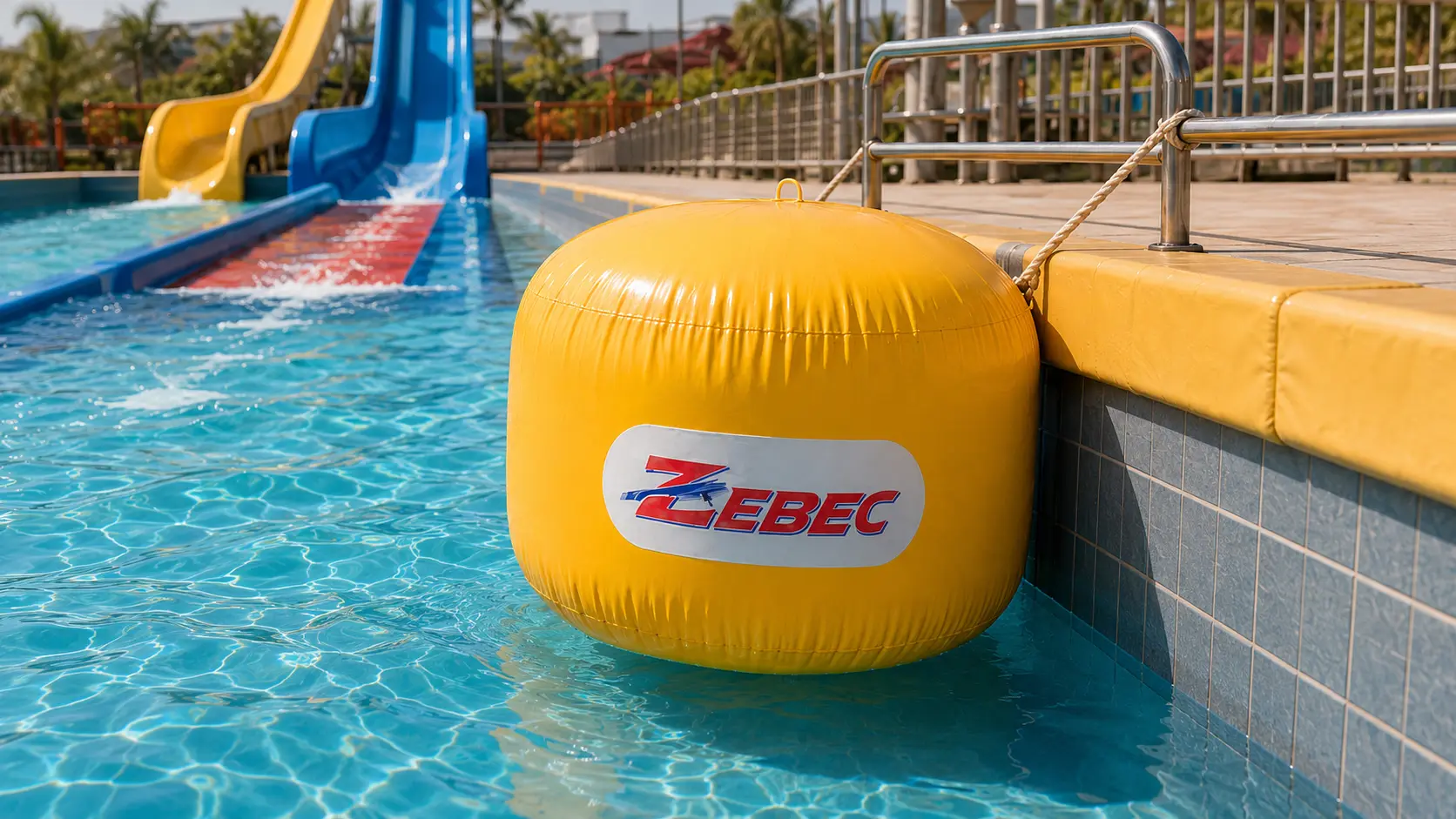 Yellow Zebec fender beside a pool