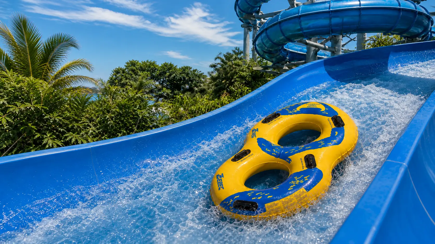 Yellow Zebec double tube descending a blue commercial water slide