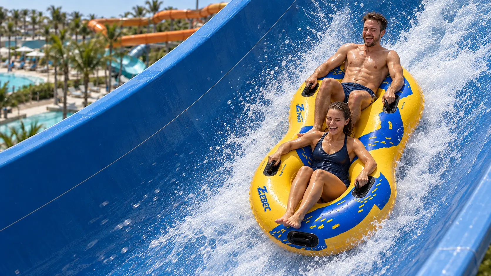 Two riders descending a blue water slide on a yellow Zebec double tube